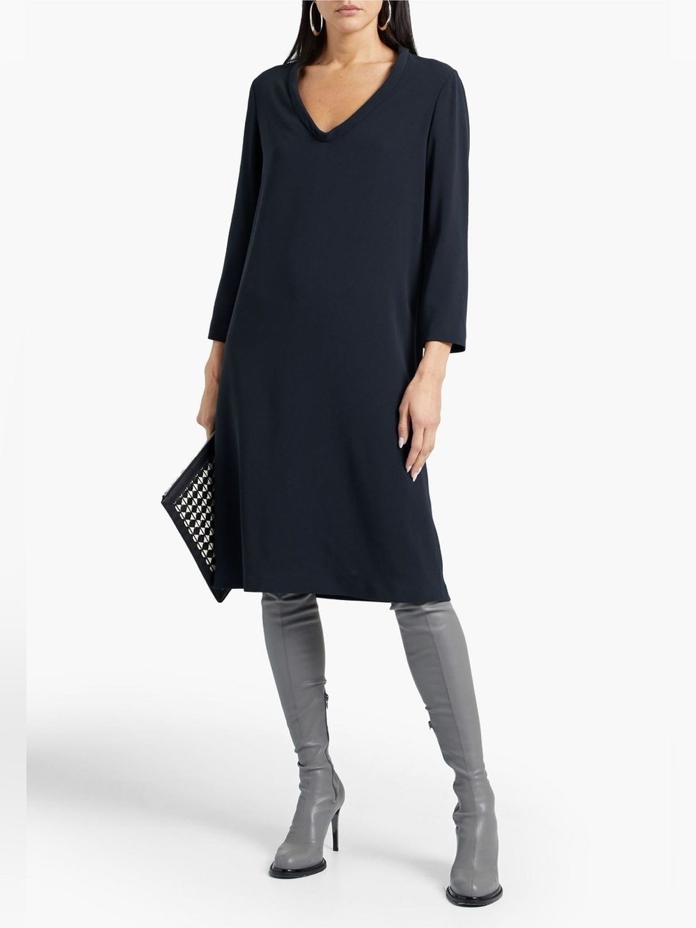 NWT Aspesi Crepe Dress Navy Blue Crepe V Neck Shift Sz 40